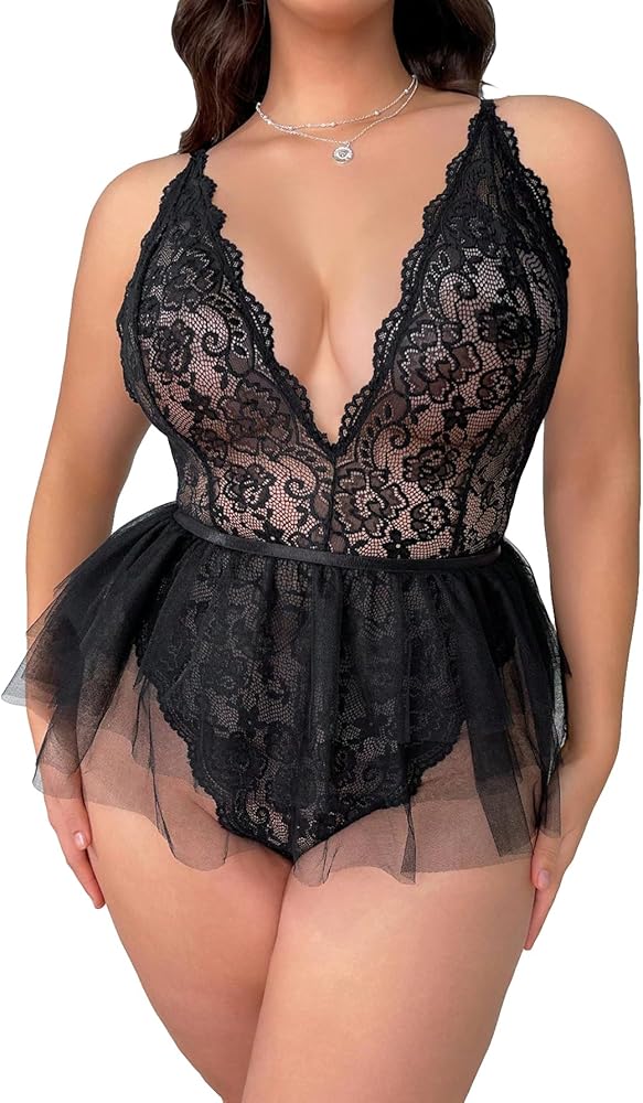 SHENHE Women's Plus Size Floral Lace Deep V Neck Teddy Lingerie Bodysuit and Mesh Skirt Set