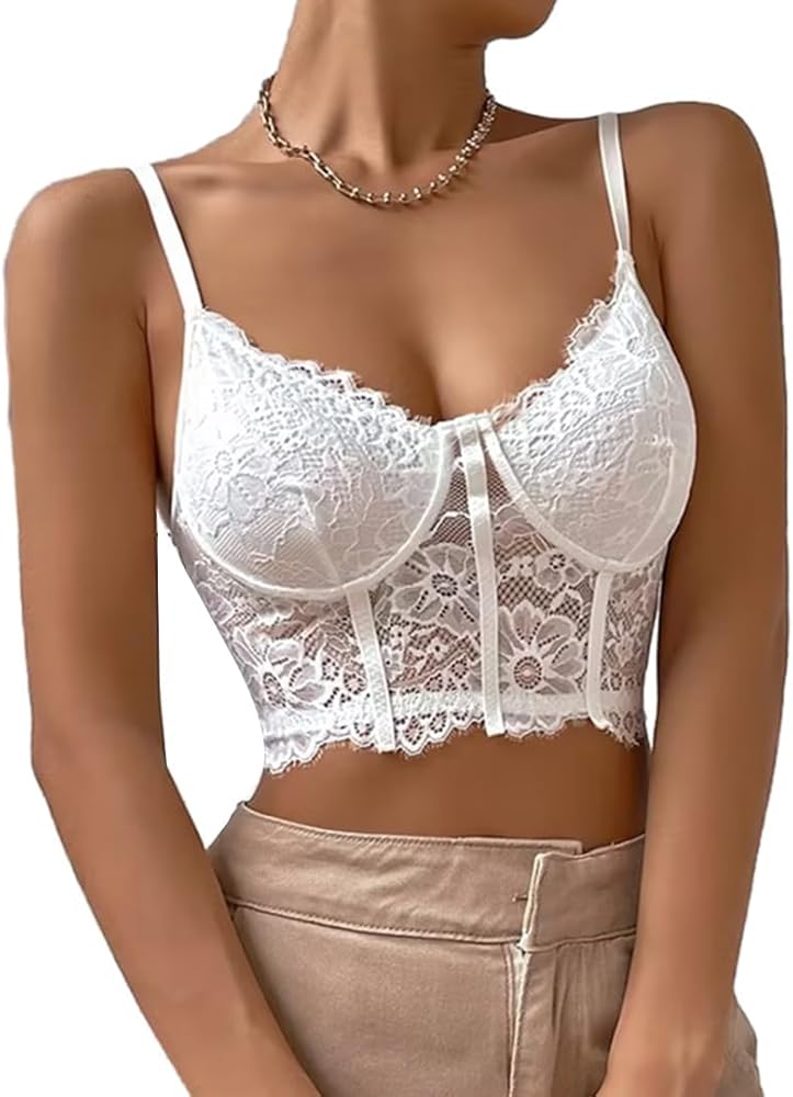 Lilosy Petite Sexy Underwire Lingerie Floral Lace Crop Cami Tank Top Women Sheer Longline Bralette Night Out Party Bra White X-Small