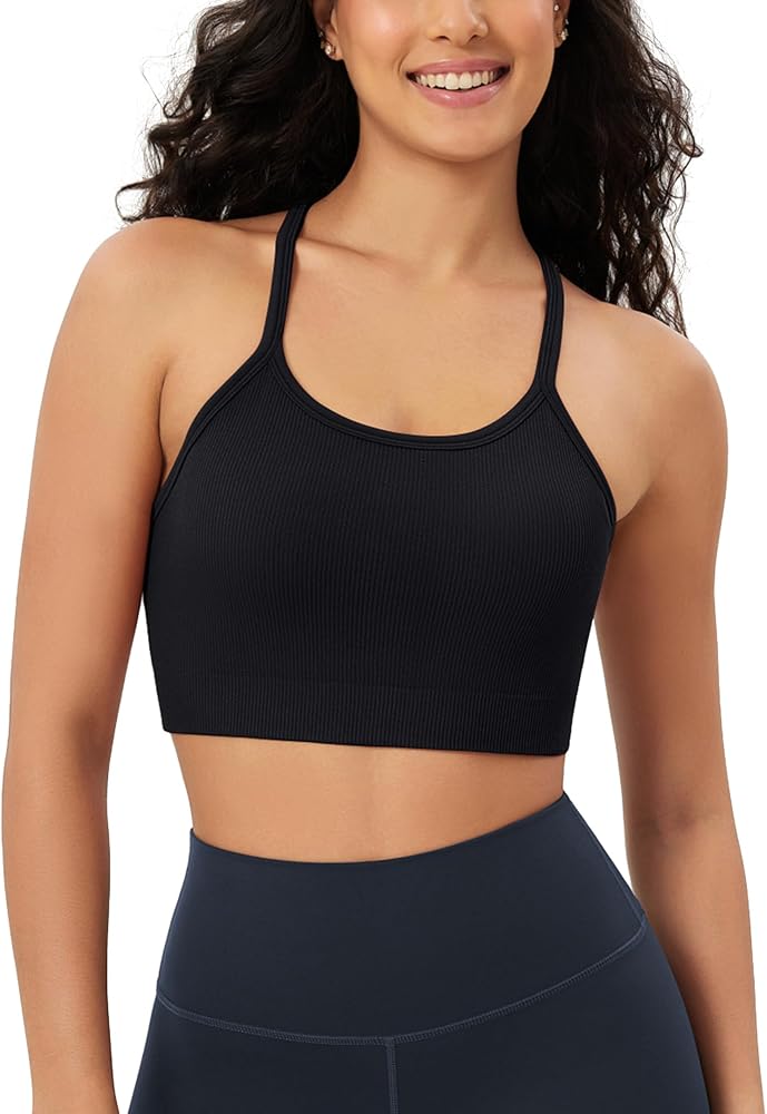 ODODOS Seamless Racerback Sports Bra for Women Ribbed Camisoles Non Padding Yoga Bra Crop Tank Tops