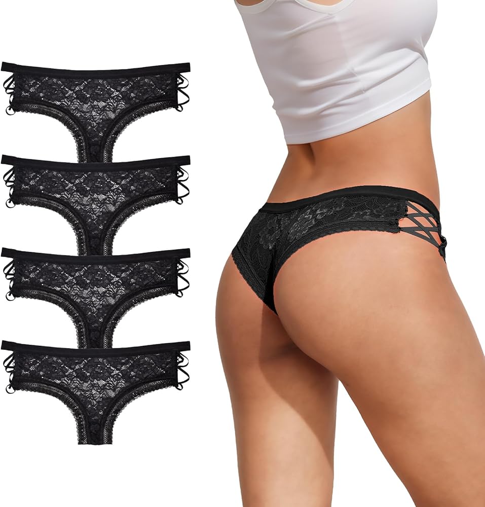 Women Lace Cheeky Low Rise Panties Comfy Bikini Criss Cross Underwear 4 Pack