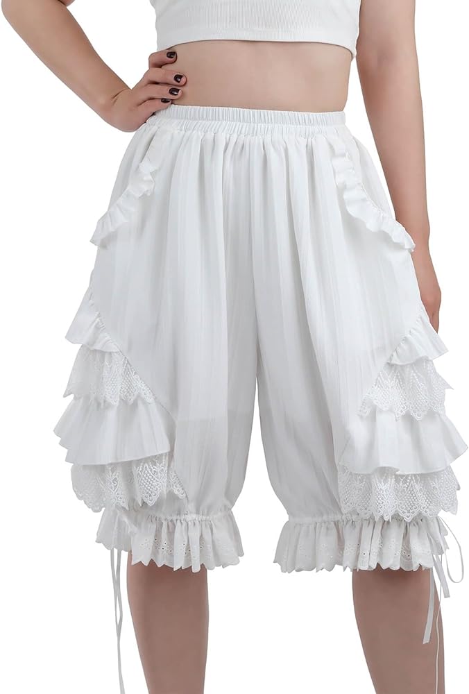 Nuoqi White Ruffle Bloomer for Women Cotton Victorian Pantaloons Knee Length Bloomer