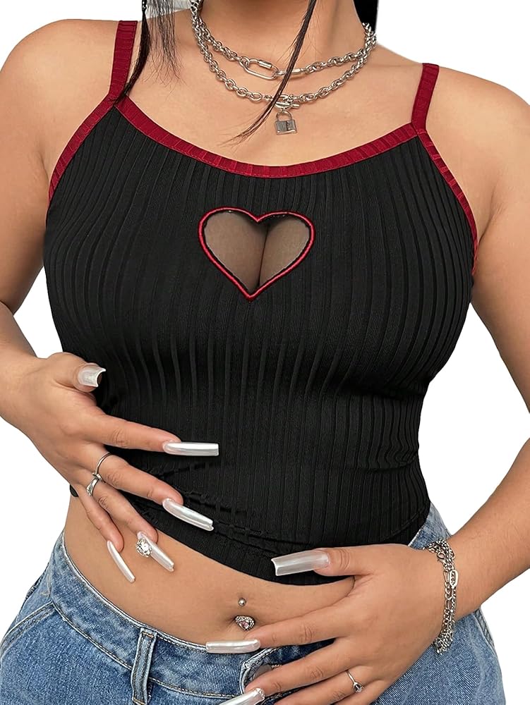 Women's Plus Size Heart Mesh Cut Out Cami Top Ribbed Knit Slim Fit Crop Tops Casual Summer Camisole