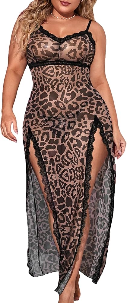 COZYEASE Women's Plus 2 Piece Lingerie Set Leopard Lace Trim Split Thigh Mesh Babydoll Chemise Lingerie Nightgown with Thong