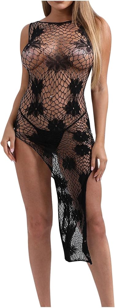 One Piece Crotchless Fishnet Bodystocking Lingerie for Women Long Sleeve Hollow Out Sheer Mesh Bodysuit Jumpsuit