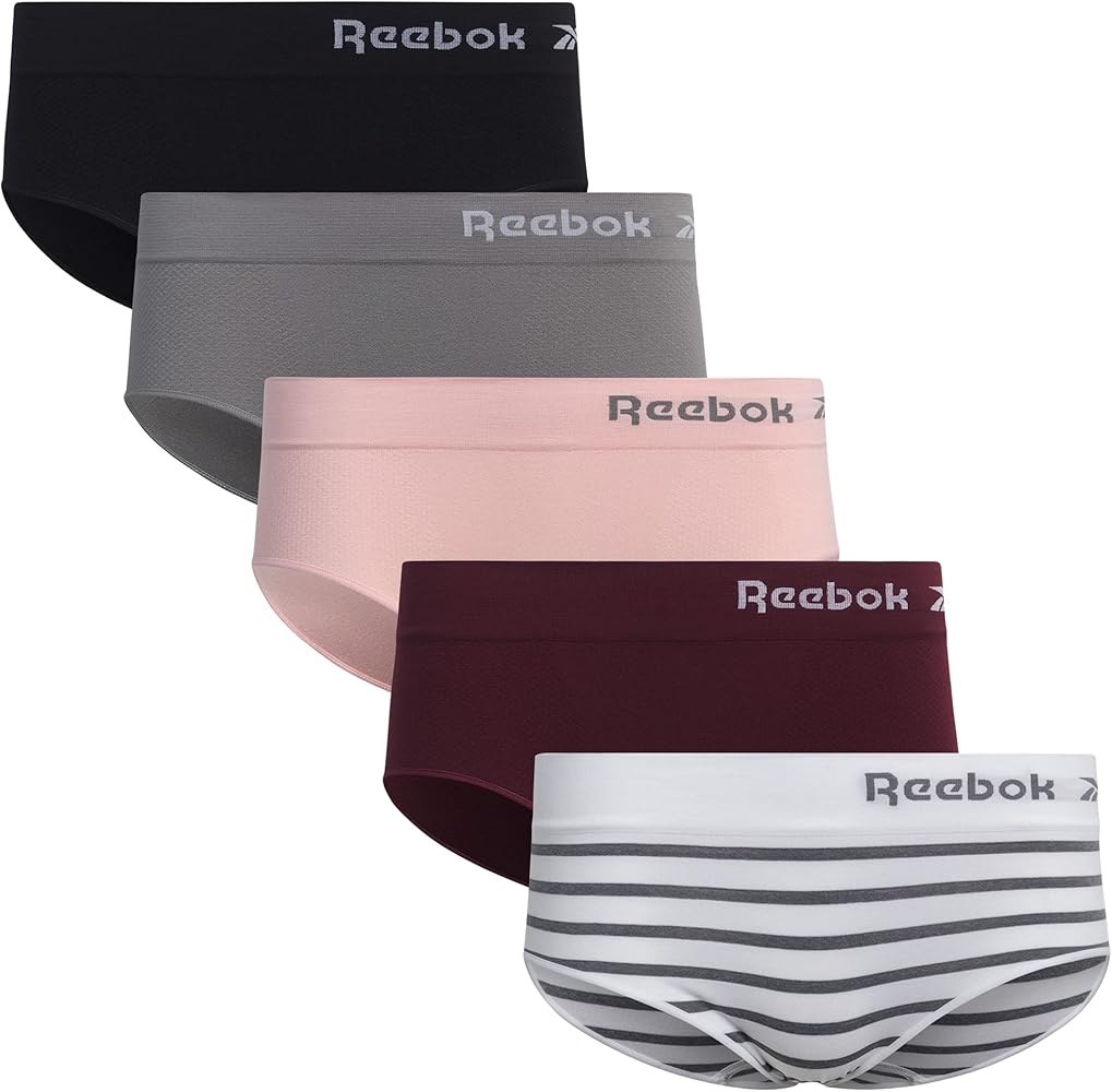 Reebok Women's Hipster Panties - 5 Pack Breathable Stretch Performance Hipster Briefs - Seamless Underwear for Women (S-XL), Size X-Large, Black/Heather Grey/Pink/Burgundy/White-grey Stripe