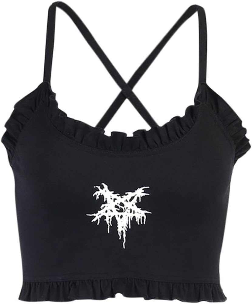 Womens Gothic Pentagram Print Camisole Black Harajuku Spaghetti Strap Crop Tops Punk Backless Sexy Cami Alt Emo Shirt