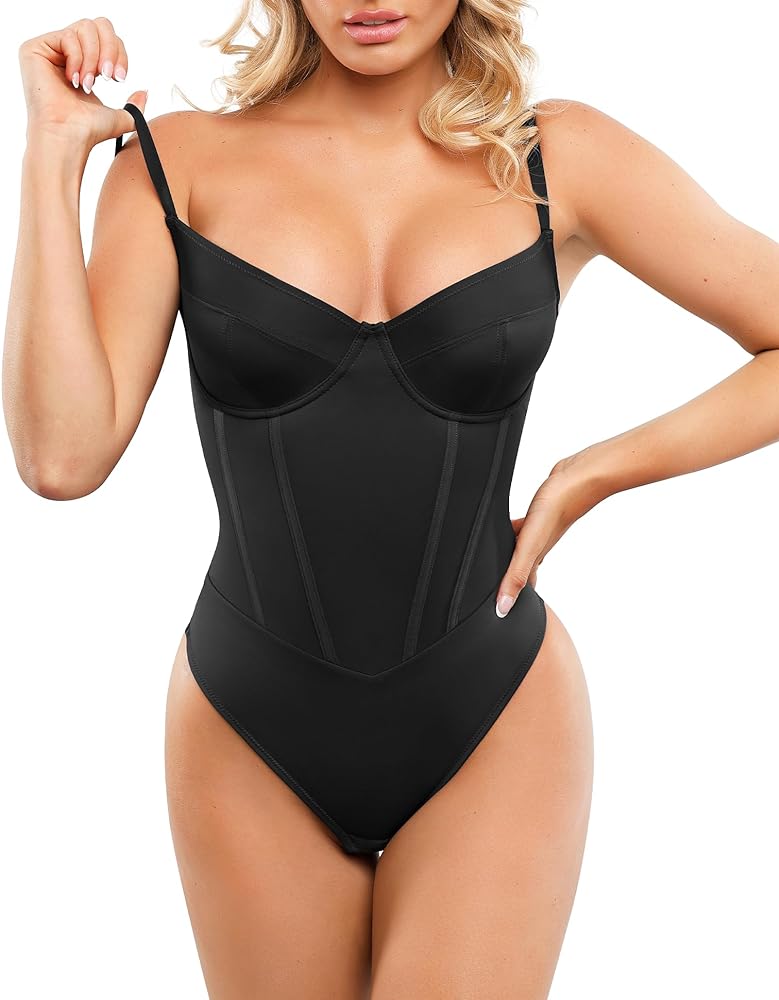 Popilush Corset Bodysuit Built in Bra - V Neck Bodysuits for Women Tummy Control Thong Shapewear Concert Outfits Club Tops