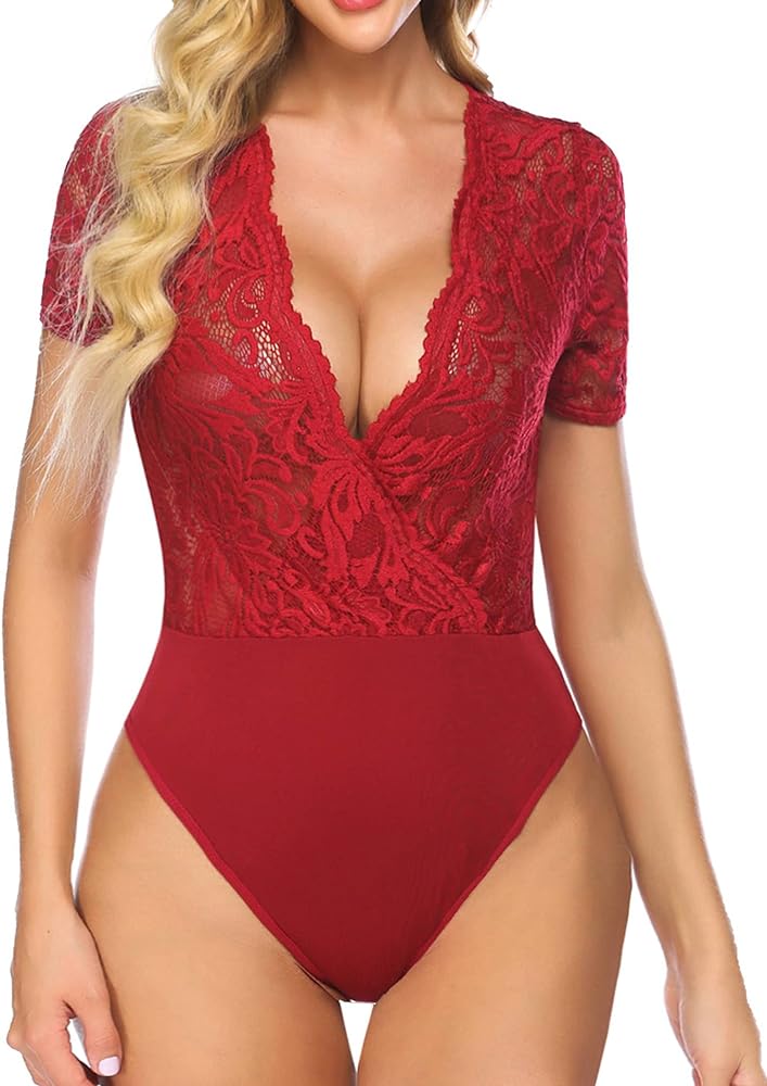 Avidlove Lace Bodysuit Lingerie Short Sleeve Bodysuit v Neck Lingerie Bodysuit Tops with Snap Crotch Lace Bodysuit Wine Red