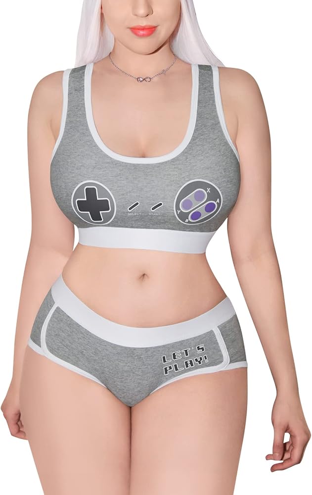 Littleforbig Women Cotton Camisole and Panties Sports loungewear Bralette Set - Let's Play Gamer Girl