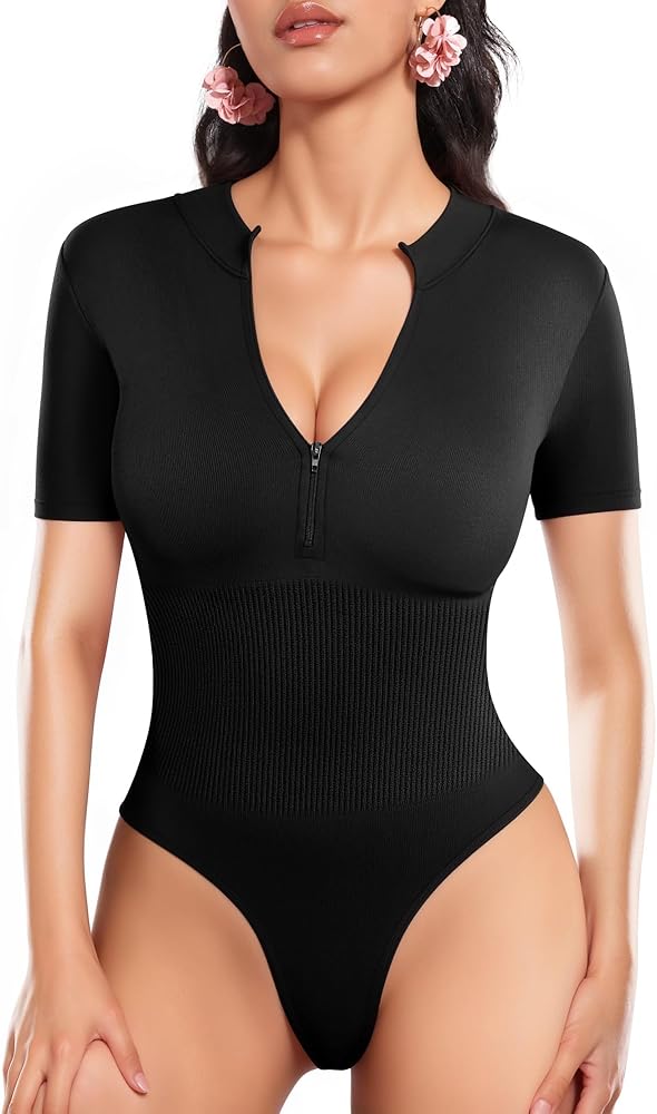 MANGOPOP Short Sleeve Thong bodysuit Shapewear Tummy Control Mock TurtleNeck Zip Up Bodysuits for Women Ribbed Seamless