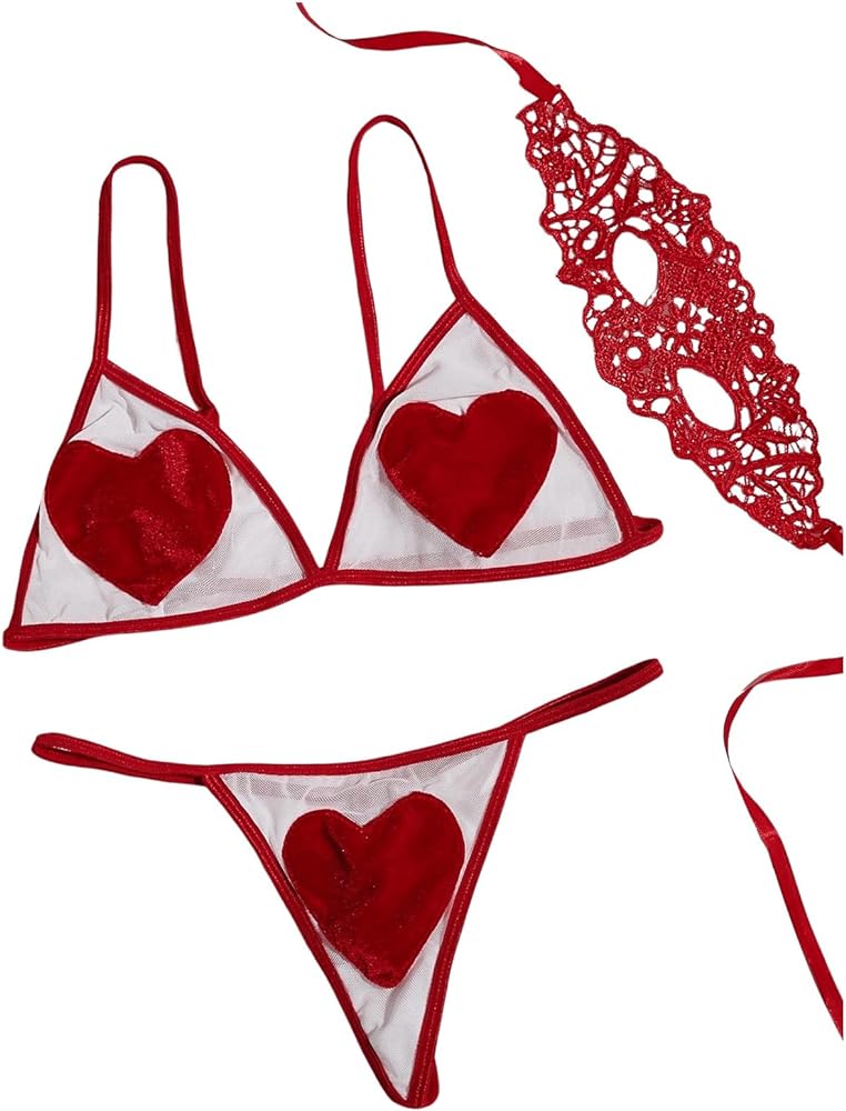 OYOANGLE Women's 3 Piece Lingerie Set Heart Mesh See Through Bra and Thong with Eye Mask