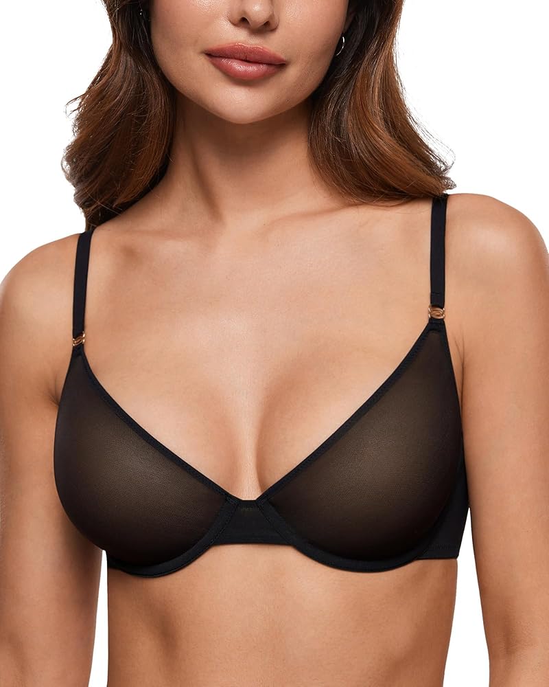 Women's Cosnufy Sheer Balconette Bra Demi Unlined Plunge Mesh See Through Sexy Bras Underwire