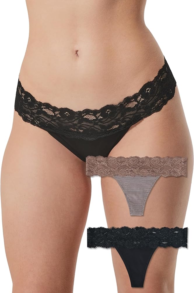 Pact Lace Thongs for Women, Organic Cotton T Back Panties, Breathable Stretch Low Rise Thong Underwear, 2 Pack