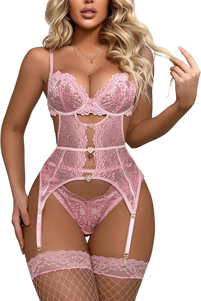 COZYEASE Women's Lingerie Set Floral Lace Bra and Thongs Chemise Bodysuit Babydolls with Stockings And Garter