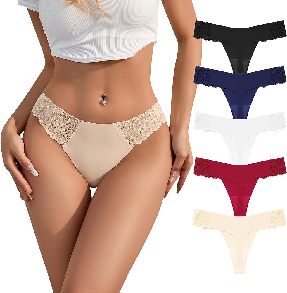 DEANGELMON Lace Thongs for Women T-back Underwear Seamless No Show Panties Ladies Stretch Multi Pack