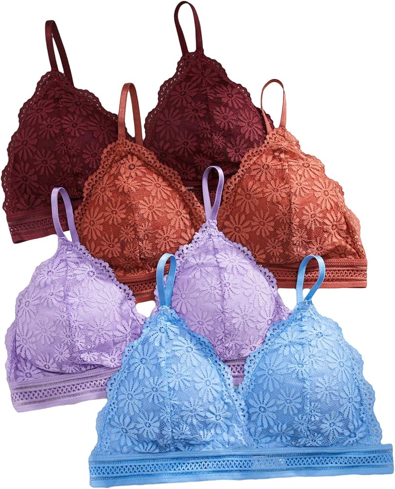 SOLY HUX Bras for Women 4 Piece Floral Lace Wireless Bra Everyday Bralette Set