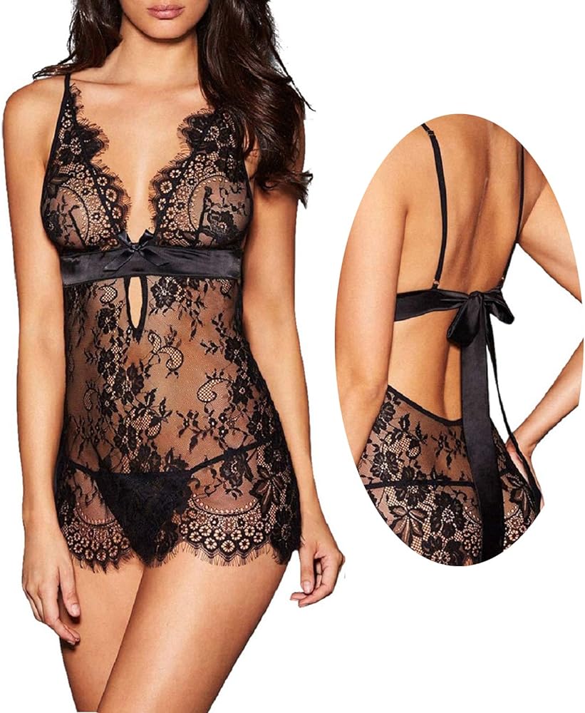 Women Sexy Lingerie Black Eyelash Lace Chemise Babydoll Nightwear