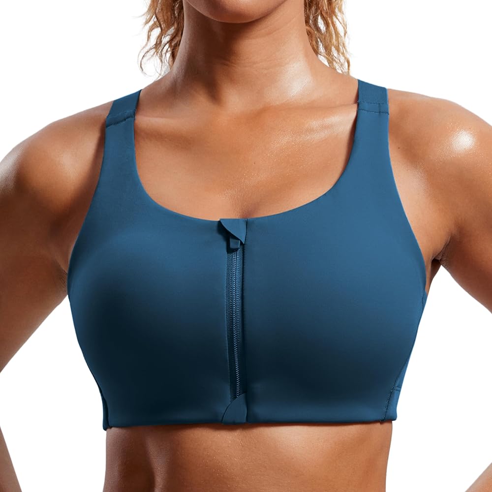 CRZ YOGA Womens Zip Front High Impact Sports Bra - Molded Cup Wireless Workout Yoga Bra with Adjustable Convertible Straps