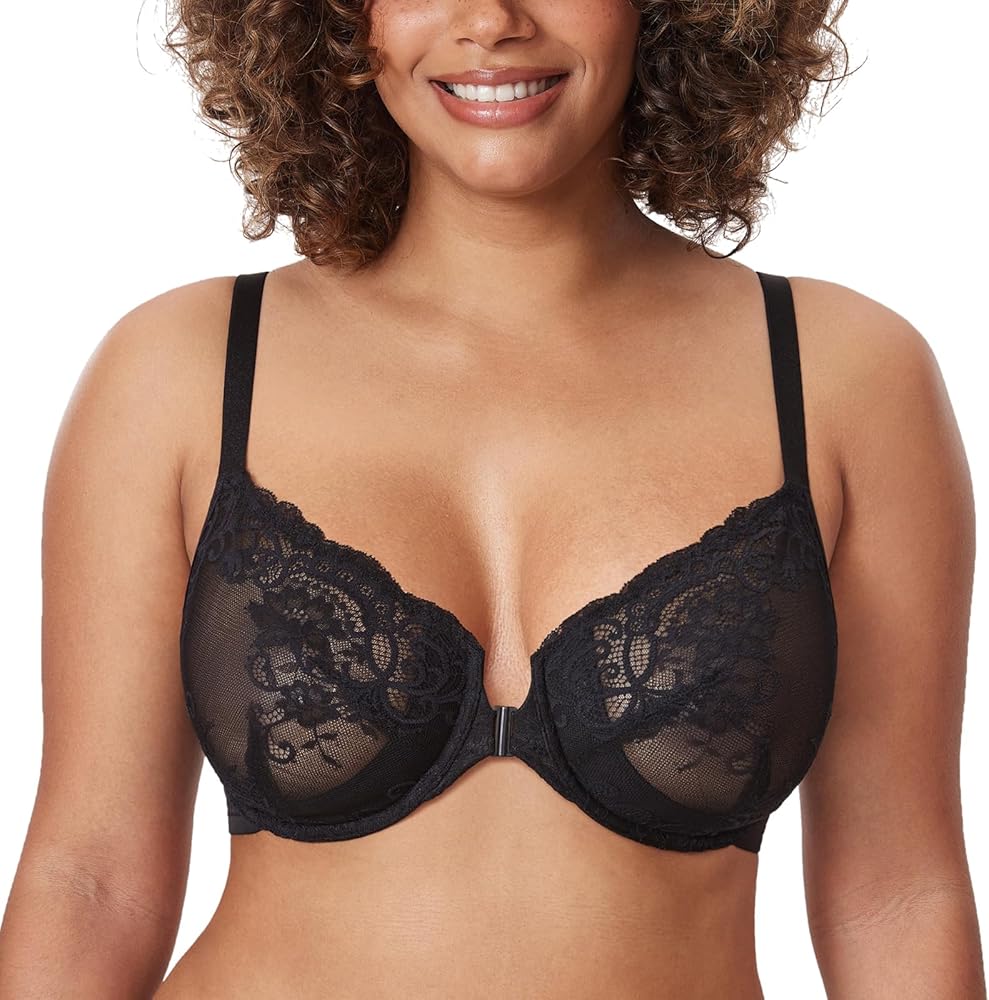 DELIMIRA Women's Front Closure Lace Sheer Bras Plus Size Full Coverage Sexy Plunge Underwire Unlined Bra