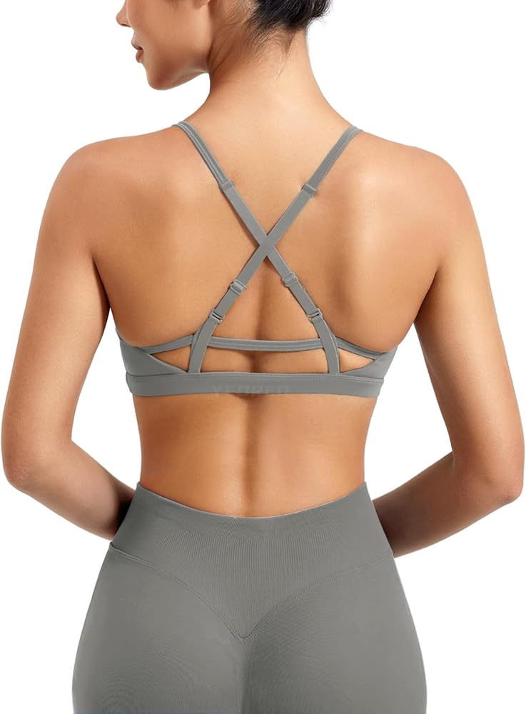 YEOREO Women V Neck Sports Bras Crisscross Adjustable Strappy Wirefree Padded Low Impact Yoga Gym Bra Workout Crop Tops