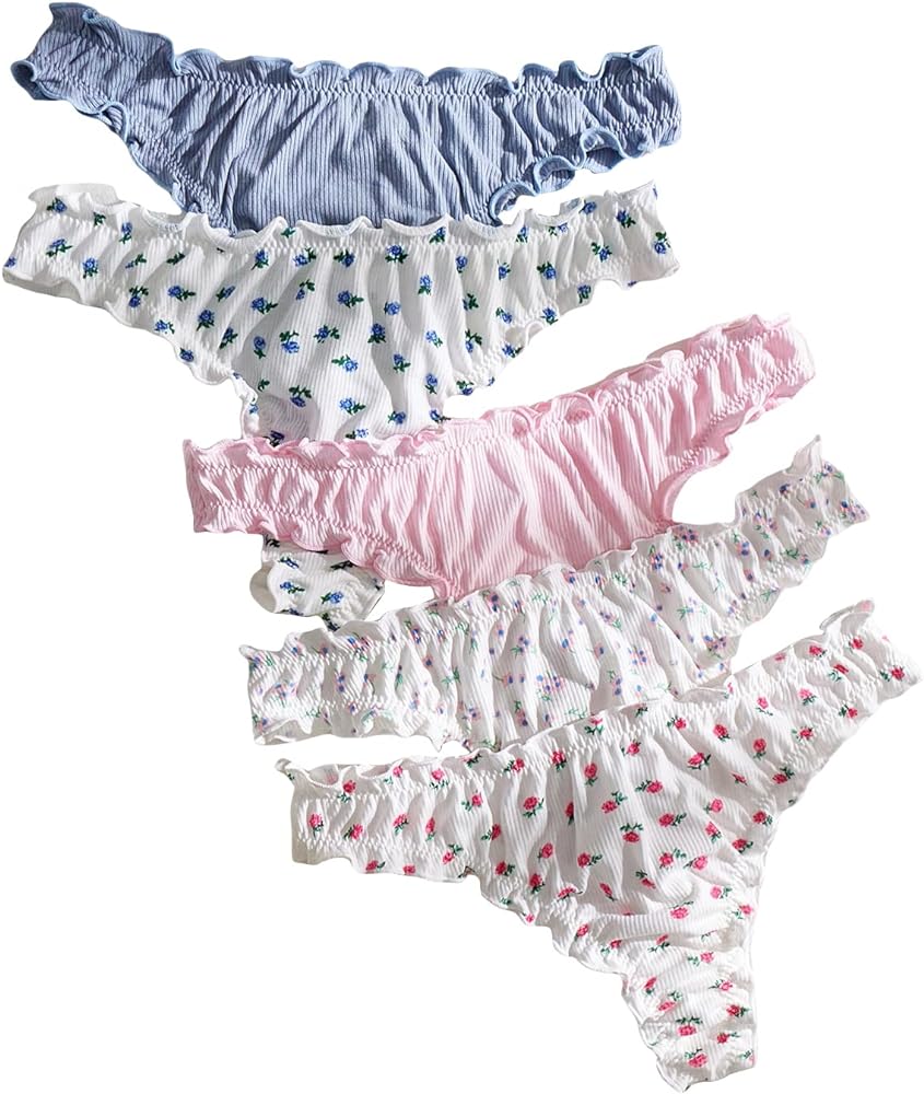 GORGLITTER Women's 5 Pack Floral Print Panty Sets Frill Trim Low Rise Cute Underwear Set Soft Brief