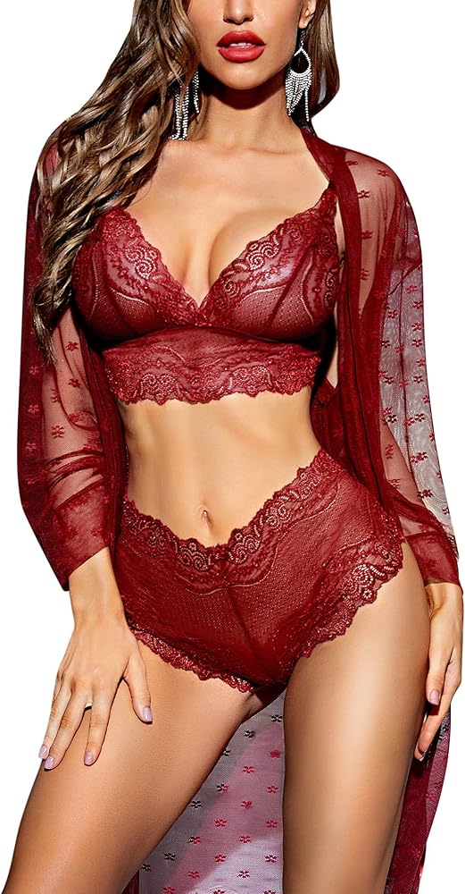 RSLOVE Women Sexy Lingerie Set 3 Piece Lace Kimono Robe with Bra and Panty Sheer Sleepwear