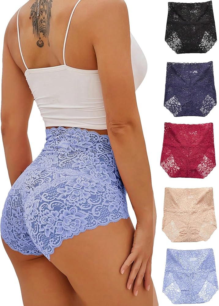 SOLY HUX Women's 5 Piece Floral Lace High Waist Briefs Scallop Trim Panties Underwear