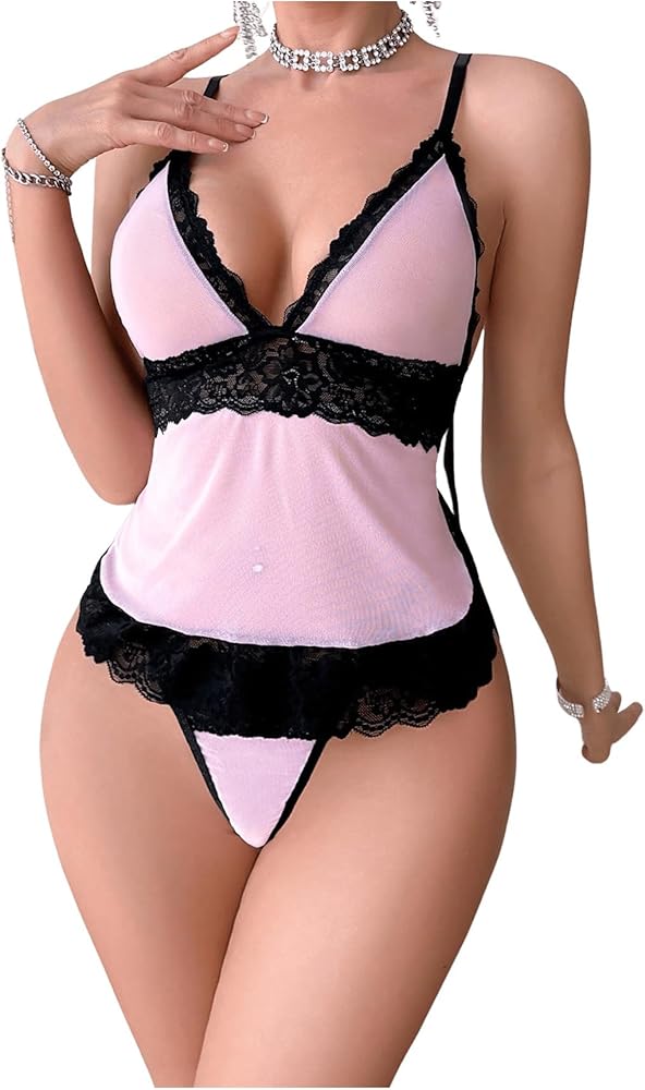 SweatyRocks Women's 2 Piece Lingerie Set V Neck Colorblock Lace Cami Tops and Thongs Set