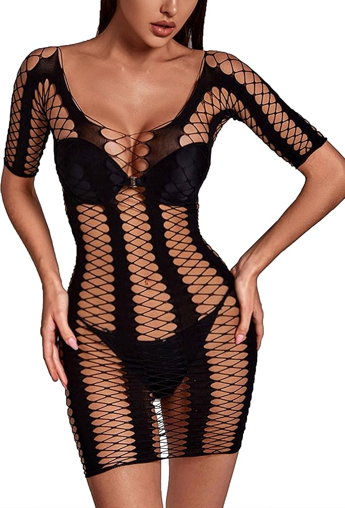 Women's Fishnet One Size Lace Babydoll Chemise Lingerie Black