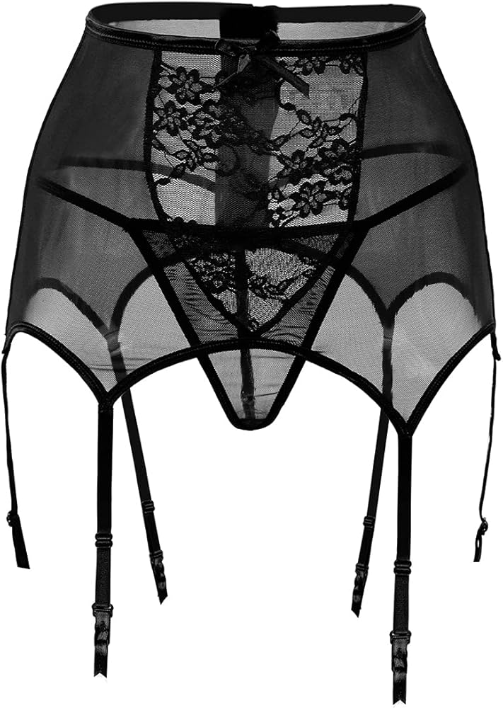 Black Lace Garter Belt for Women High Waisted Hollow-Out Plus Size with 6 Straps and G String for Stockings