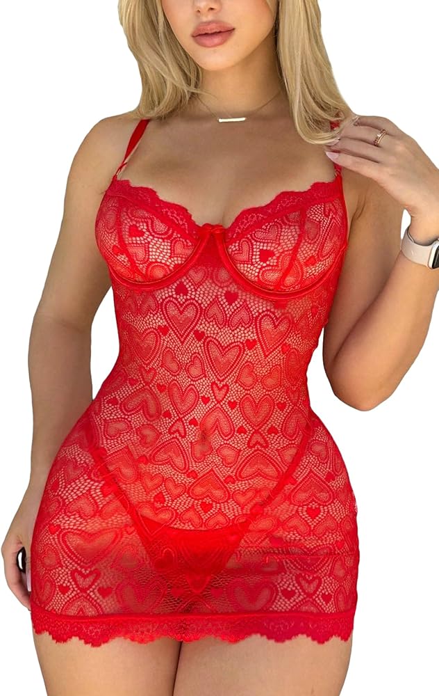 Women's 2 Piece Lingerie Set Heart Print Mesh Lace Teddy Babydoll Lingerie Chemise Nightgown Sleepwear with Thong