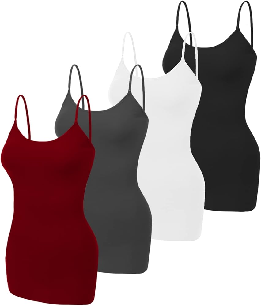 Women's Long Camisole Tank Top Basic Long Length Adjustable Spaghetti Strap Solid Cotton Camisoles Cami Tank Top