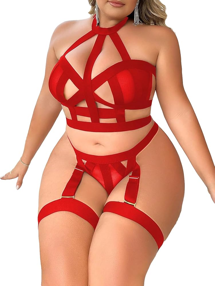 WDIRARA Women's Plus Size Strappy Harness Hollow Out 4 Piece Lingerie Set Criss Cross Bra and Thong Set with Garters