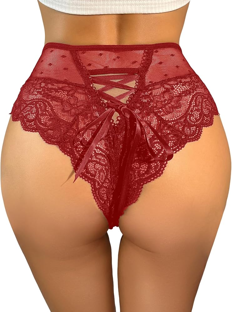 Milumia Women Lace up High Waist Mesh Lace Sexy Panties Underwear