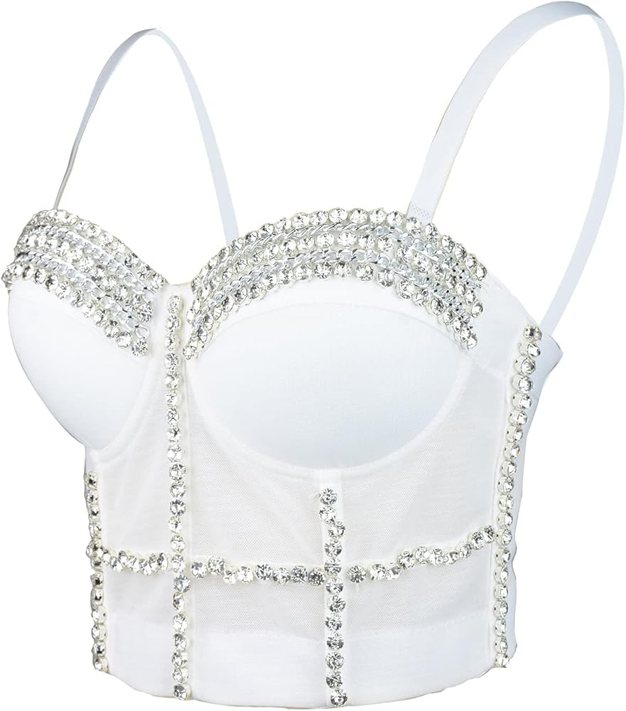 ELLACCI Women's White Diamond Chain Mesh Bustier Crop Top Push Up Corset Top Bralet with Detachable Strap