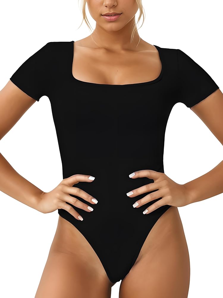 Sunzel Square Neck Bodysuits Women Short Sleeve Stretchy Bodysuit Tops Tummy Control Sexy Thong Body Suits Shapewear