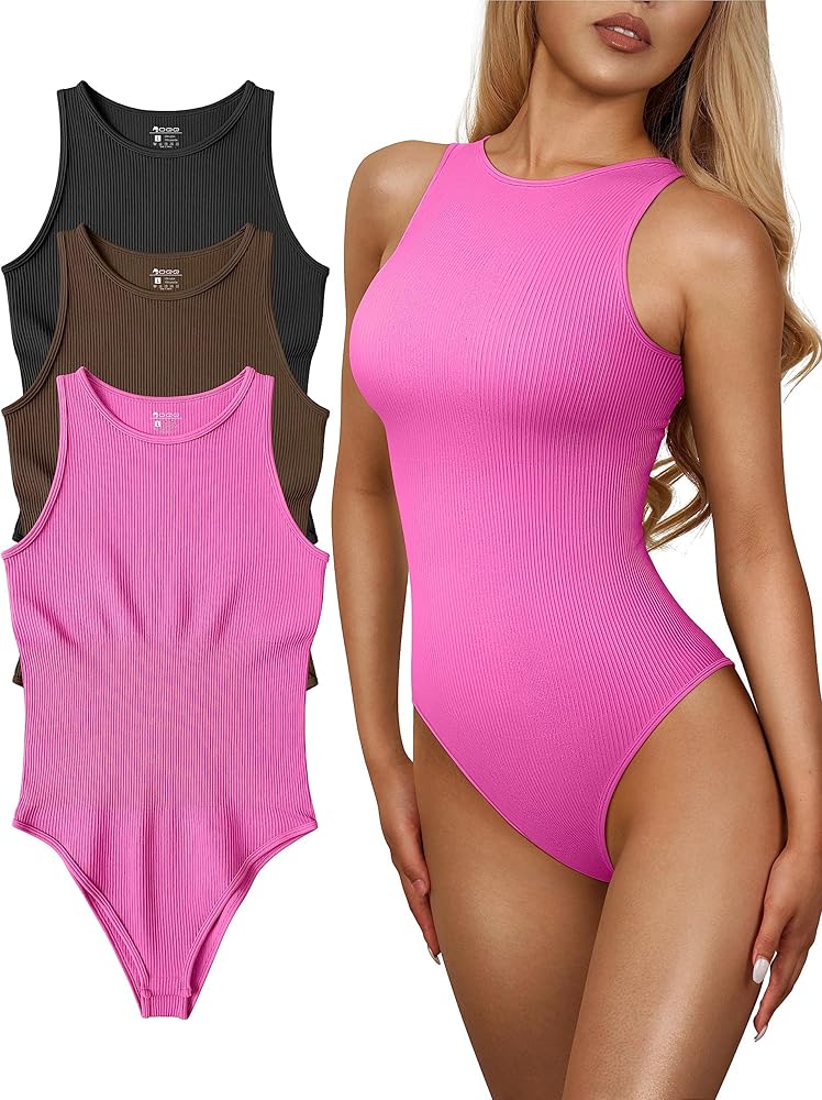 OQQ Women's 3 Piece Bodysuits Sexy Ribbed One Piece Sleeveless Halter Neck Bodysuits