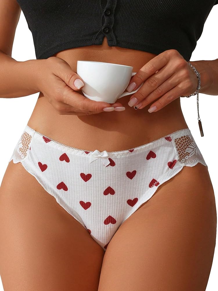 SOLY HUX Women's Contrast Lace Heart Print Panties Bow Front Brief Underwear Panty