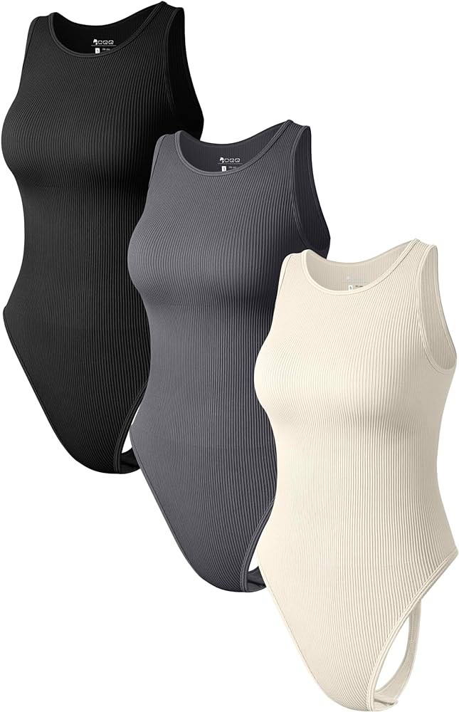 OQQ Women 3 Piece Bodysuits Sexy Ribbed Sleeveless Halter Neck Basic Thongs Bodysuits