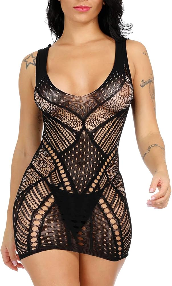 Women Sexy Fishnet Lingerie V-Neck Babydoll Bodysuit Strapless Mesh Chemise Mini Dress One Size