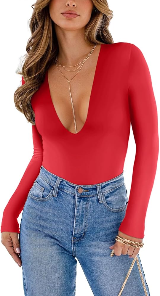 REORIA Women's Trendy Sexy Plunge Deep V Neck Long Sleeve Bodysuit Double Lined Going Out T Shirt Tops