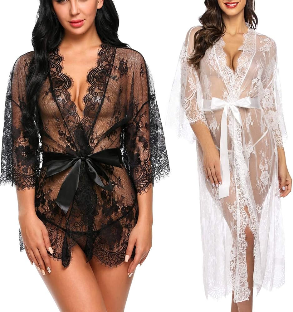 Avidlove Women's Lace Kimono Robe Babydoll Chemise(Black,L) and Long Lace Kimono Robe Nightgown(White,L)