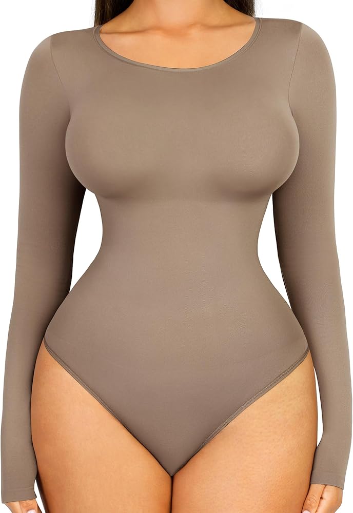 FeelinGirl Tummy Control Bodysuit for WomenThong Long Sleeve Shapewear for Women-2024 Shirt Tops