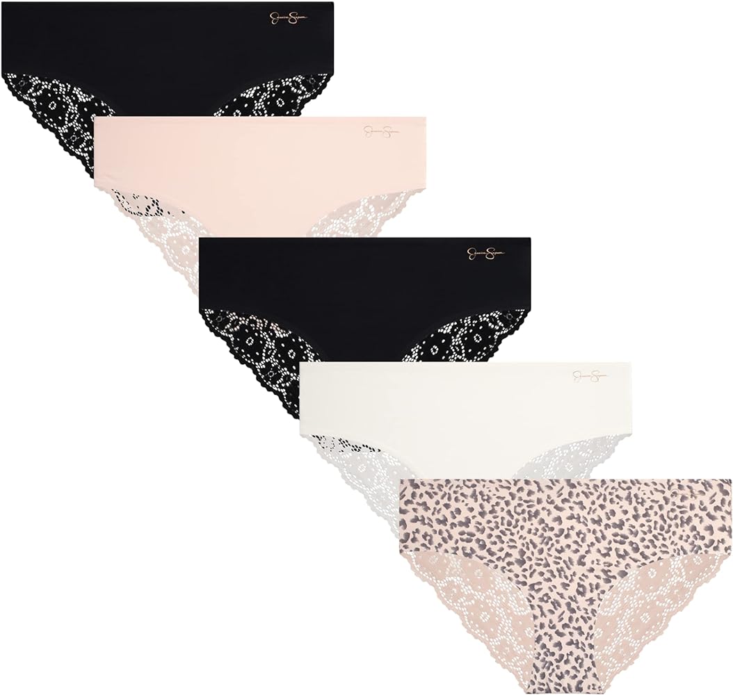 Jessica Simpson Women's Hipster Underwear - 5 Pack Microfiber Lace Trim No Show Seamless Panties - Hipster Panties for Women