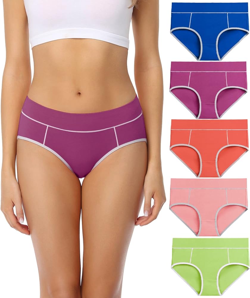 wirarpa Women's Cotton Underwear Stretch Mid Waisted Briefs Ladies Panties 5 Pack (Regular & Plus Size)