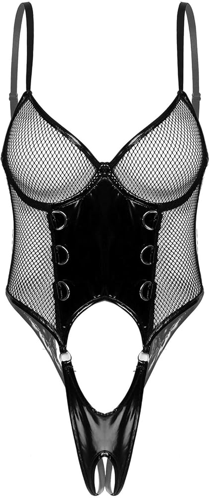 Oplxuo Women Wet Look Faux Leather Lingerie Set Fishnet Zip Crotch Bodysuit with Mini Skirt 2 Pc See Through Teddy Babydolls