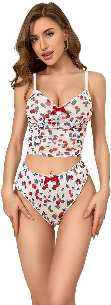 SOLY HUX Lingerie for Women Cute Print Mesh Ruched Underwire Bra and Panty Lingerie Set