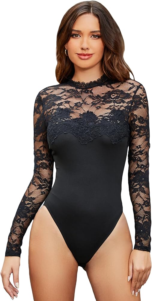 WDIRARA Women's Floral Lace Mock Neck Long Sleeve Mesh Sheer Skinny Bodysuit