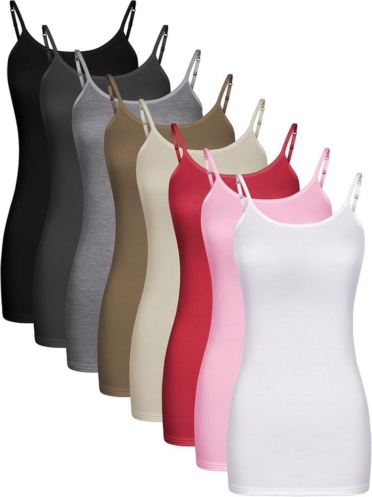 Geyoga 8 Pack Long Tank Tops for Women, Long Camisoles Workout Tops Adjustable Spaghetti Strap Women's Camis Undershirts