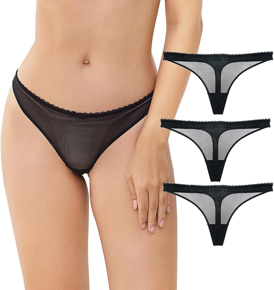 Women's Sexy Sheer Panties Thongs Mesh G-Strings Low Rise Brief Underwear, 3-Pack